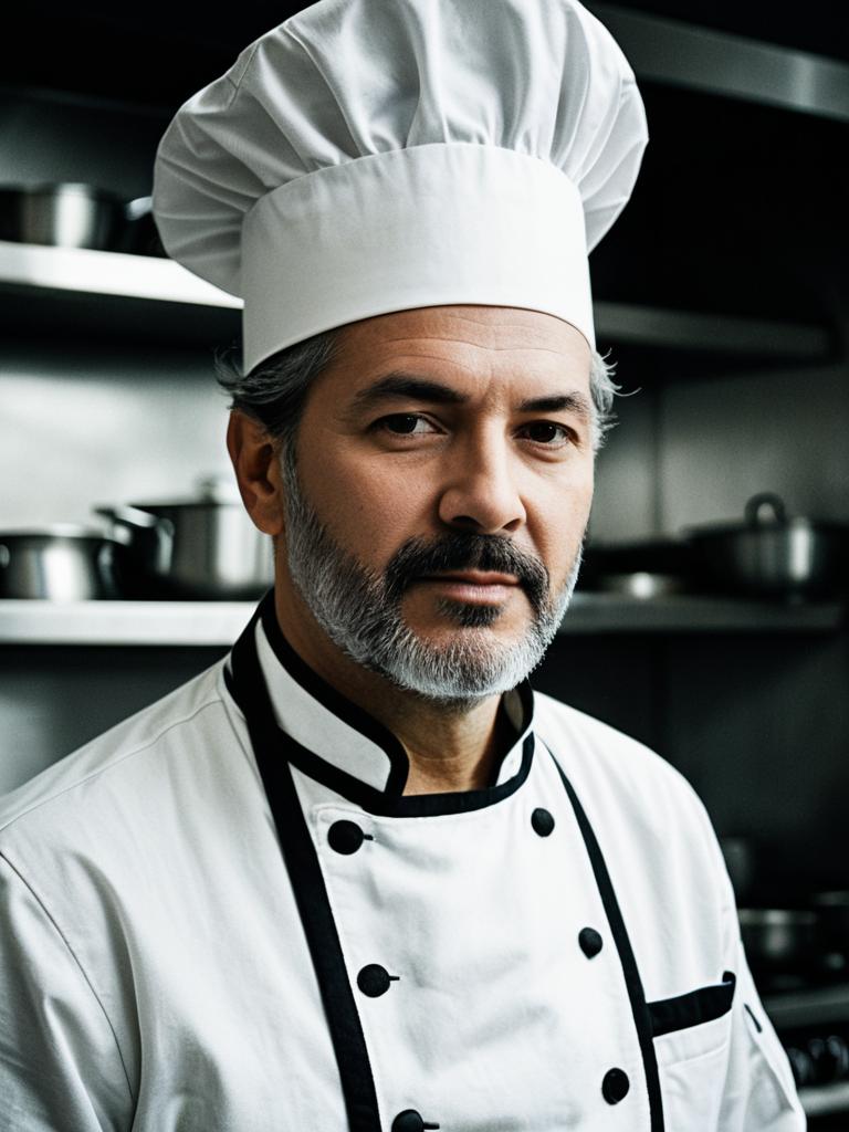 Man in Chef Costume Cinematic Realism Stylish Culinary Portrait
