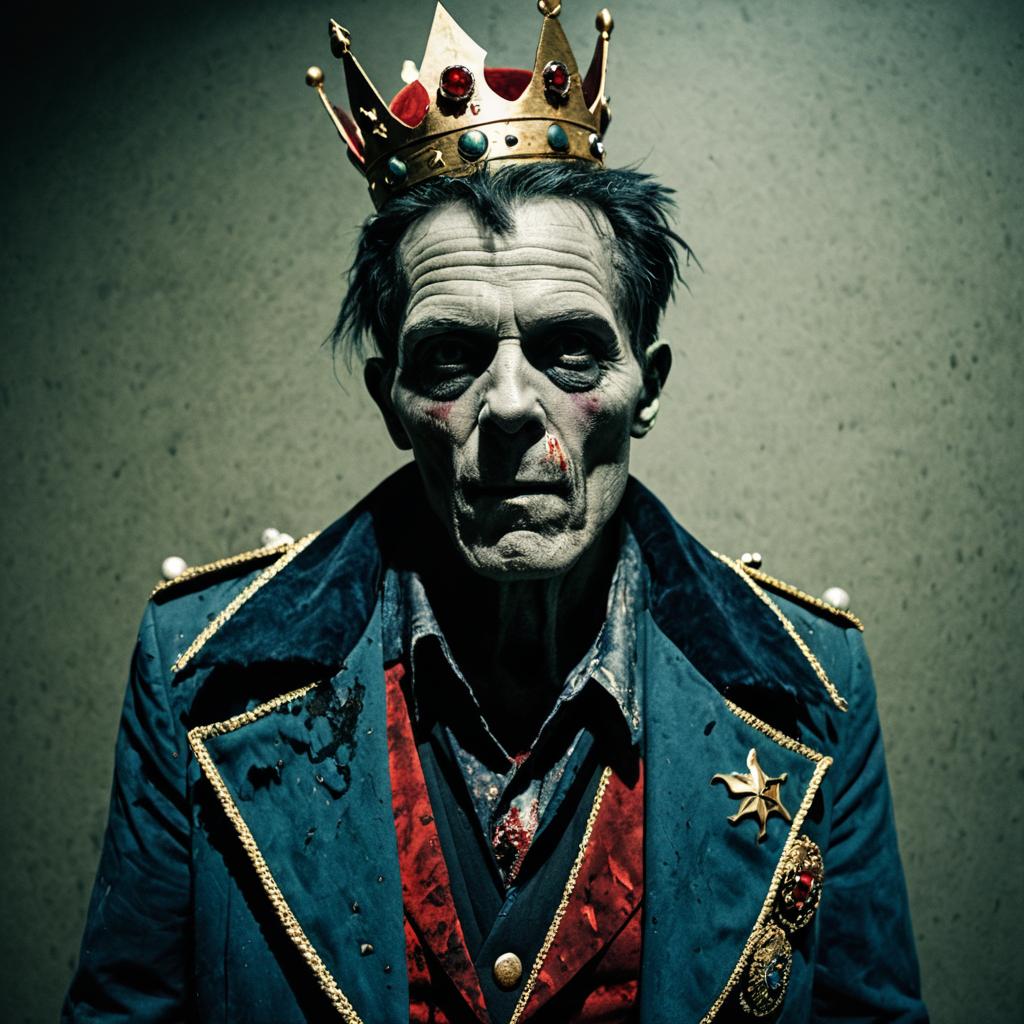 Gritty Portrait of Worn King in Dark Regal Costume with Crown