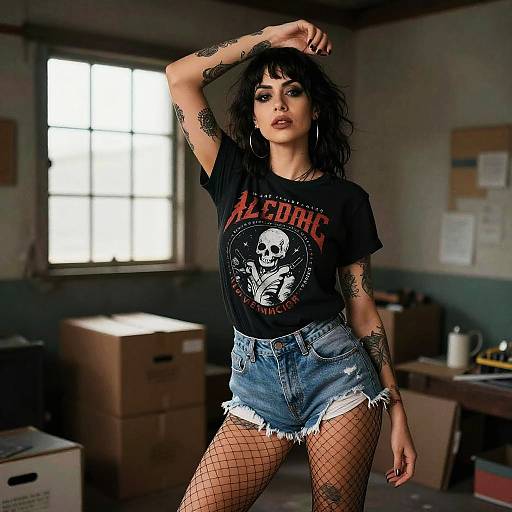 Edgy Woman in Graphic T-shirt and Denim Shorts in Industrial Interior