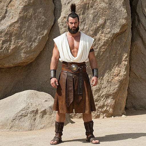 Ancient Warrior Man in Leather Skirt and White Tunic Standing by Rocks