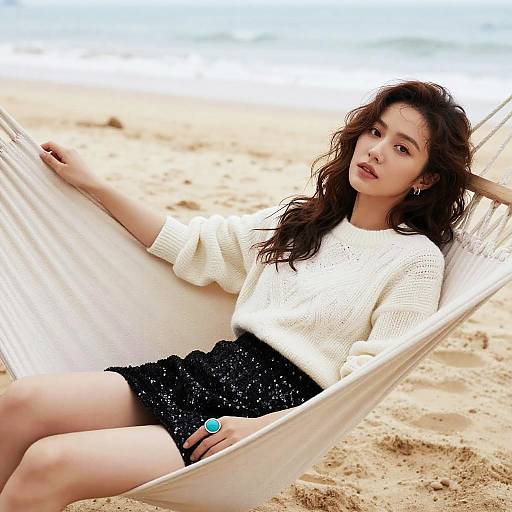 Woman in Textured White Sweater and Black Sequined Mini Skirt Relaxing on Beach Hammock