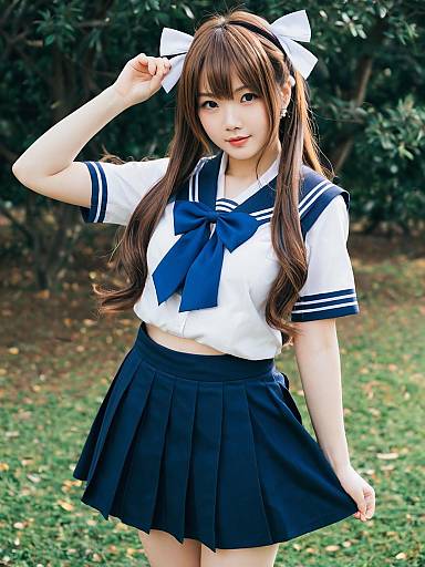 Realistic Portrait of Woman in Japanese Sailor School Uniform with White Hair Bow