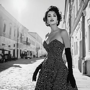 Glamorous Woman in Vintage Polka Dot Dress