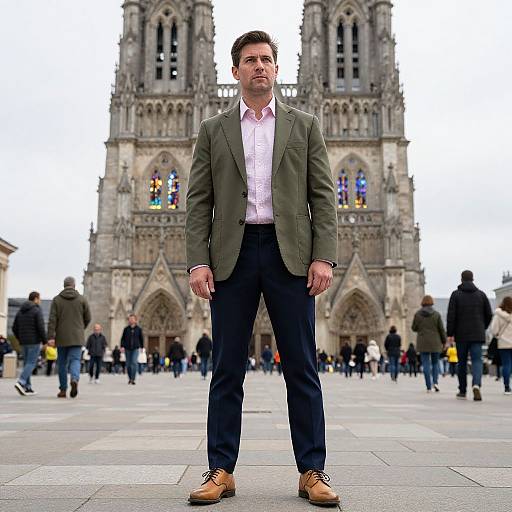 Man in Smart Casual Outfit Standing Before Gothic Cathedral in Urban Setting