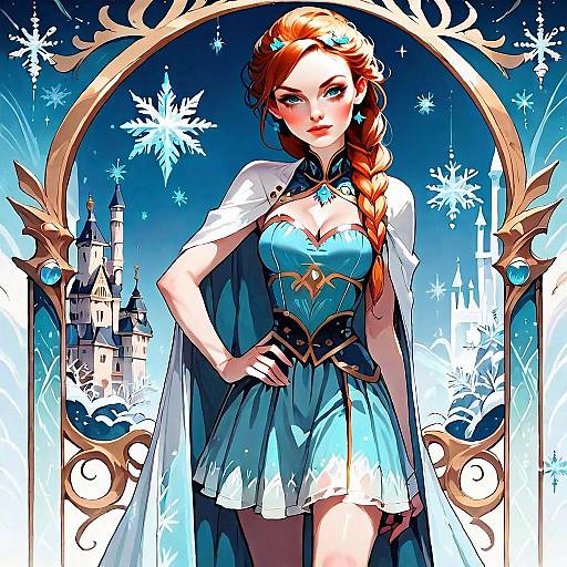 Fantasy Red-Haired Woman in Winter-Themed Outfit with Castle Background