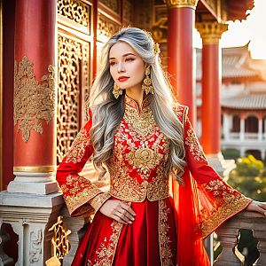 Elegant Woman in Red and Gold Traditional Garment on Balcony