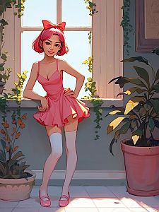 Young Woman with Pink Hair in a Dress by Sunny Window