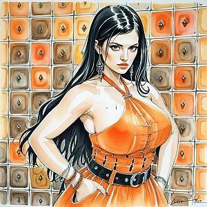 Stylish Woman in Orange Halter Dress Against Retro Wall