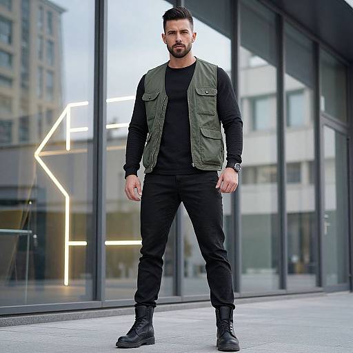 Stylish Man Wearing Military Green Vest and Black Outfit in Urban Setting