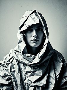 Photorealistic Portrait of Woman in Crumpled Paper Costume
