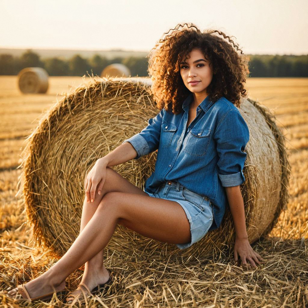 Young Woman with Curly Hair by Hay Bale at Sunset Young Woman with Curly Hair by Hay Bale at Sunset