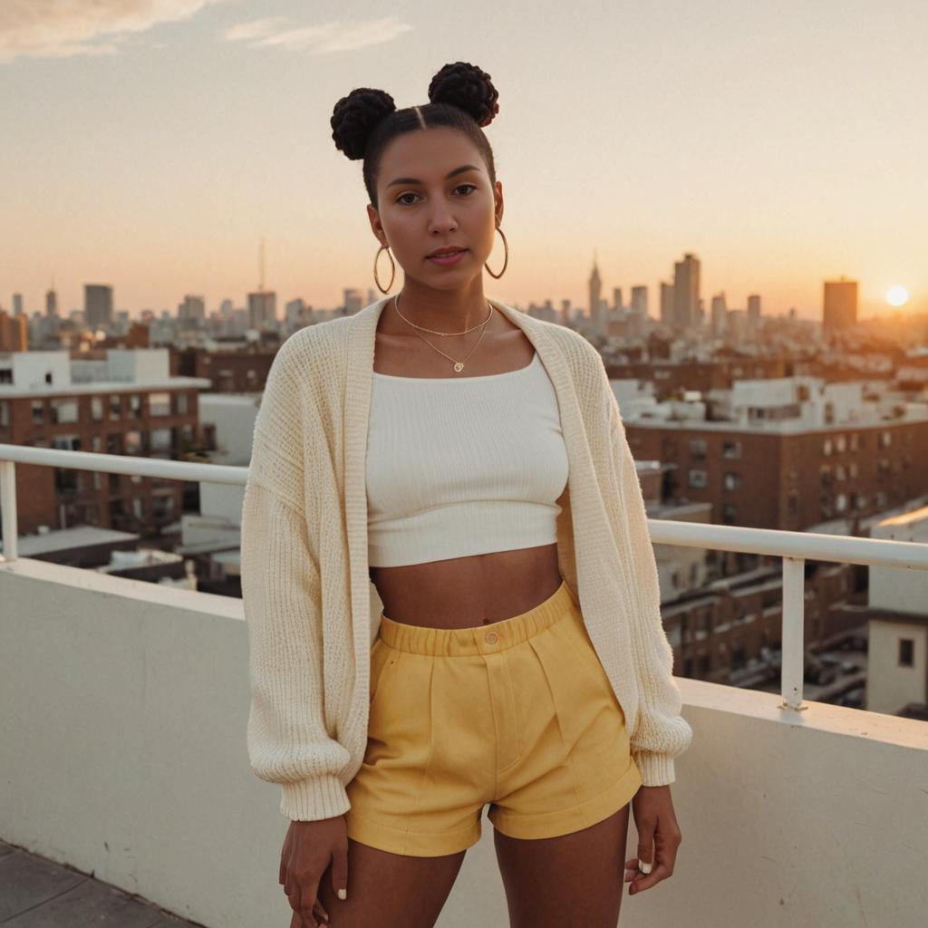 Stylish woman in urban sunset with white cardigan and yellow shorts