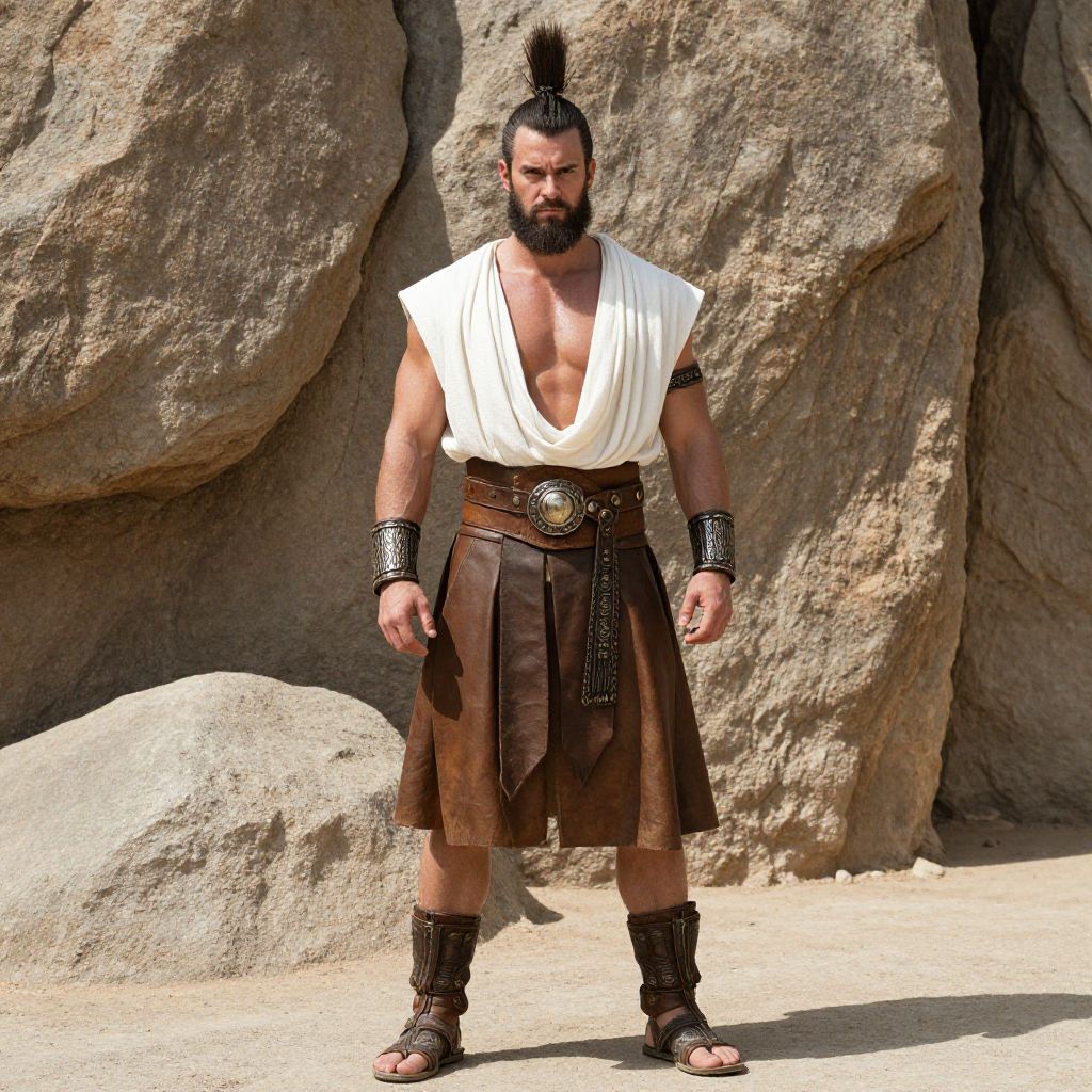 Ancient Warrior Man in Leather Skirt and White Tunic Standing by Rocks