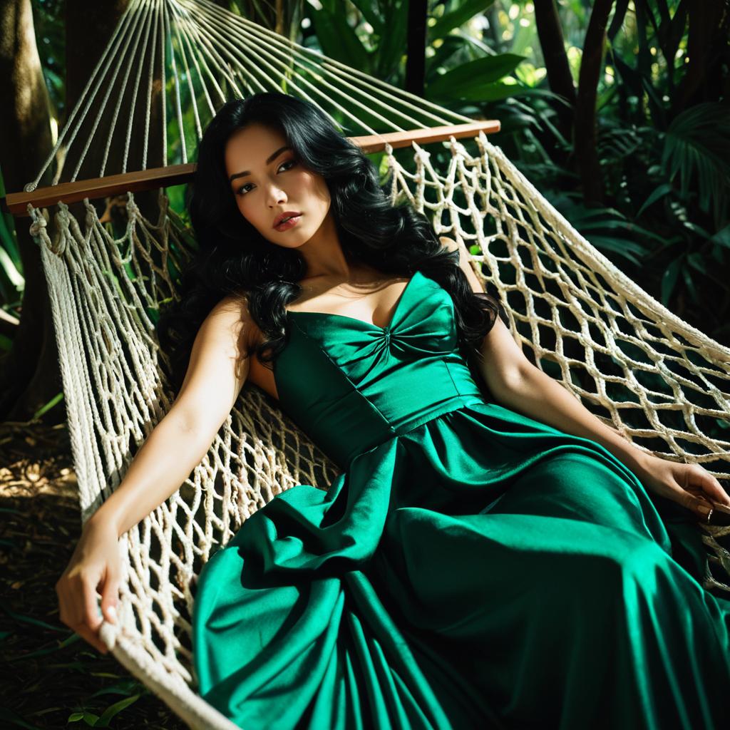 Woman in Emerald Dress Relaxing in Hammock