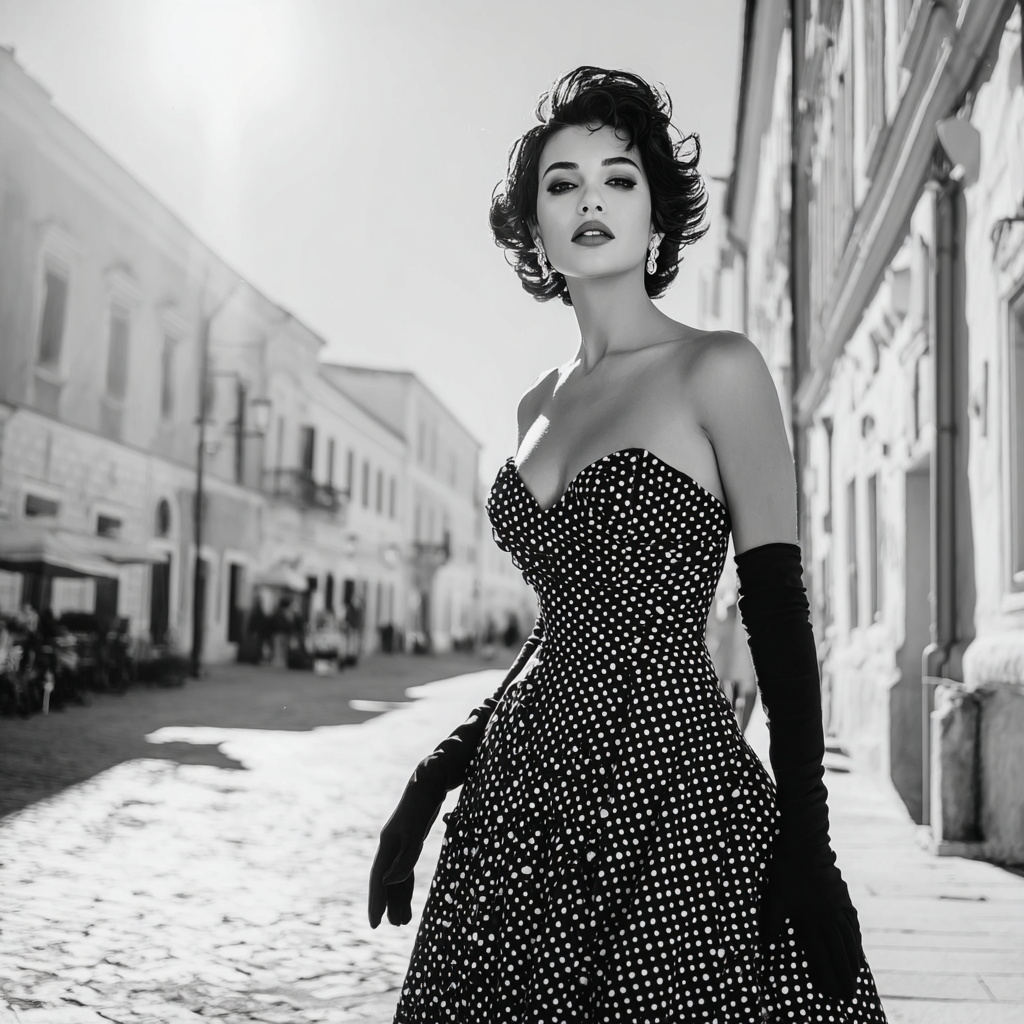 Glamorous Woman in Vintage Polka Dot Dress