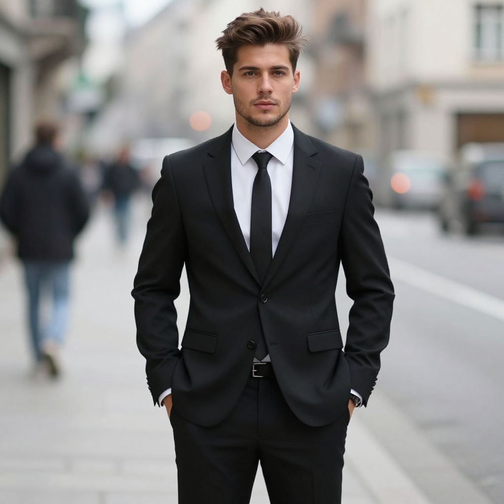 Confident Man in Black Suit on City Street
