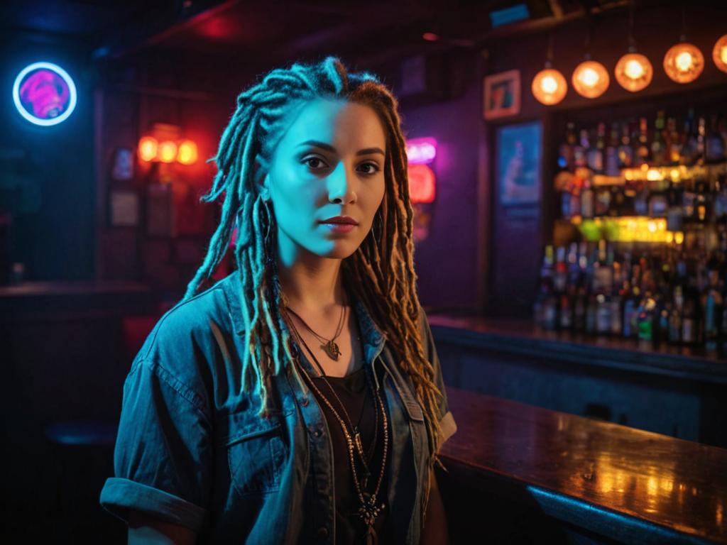 Artistic Portrait of a Woman with Dreads in Neon Lighting