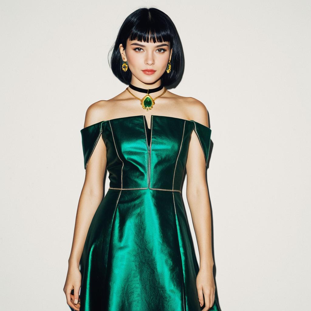 Elegant Woman in Metallic Emerald Green Off-Shoulder Dress with Gemstone Jewelry
