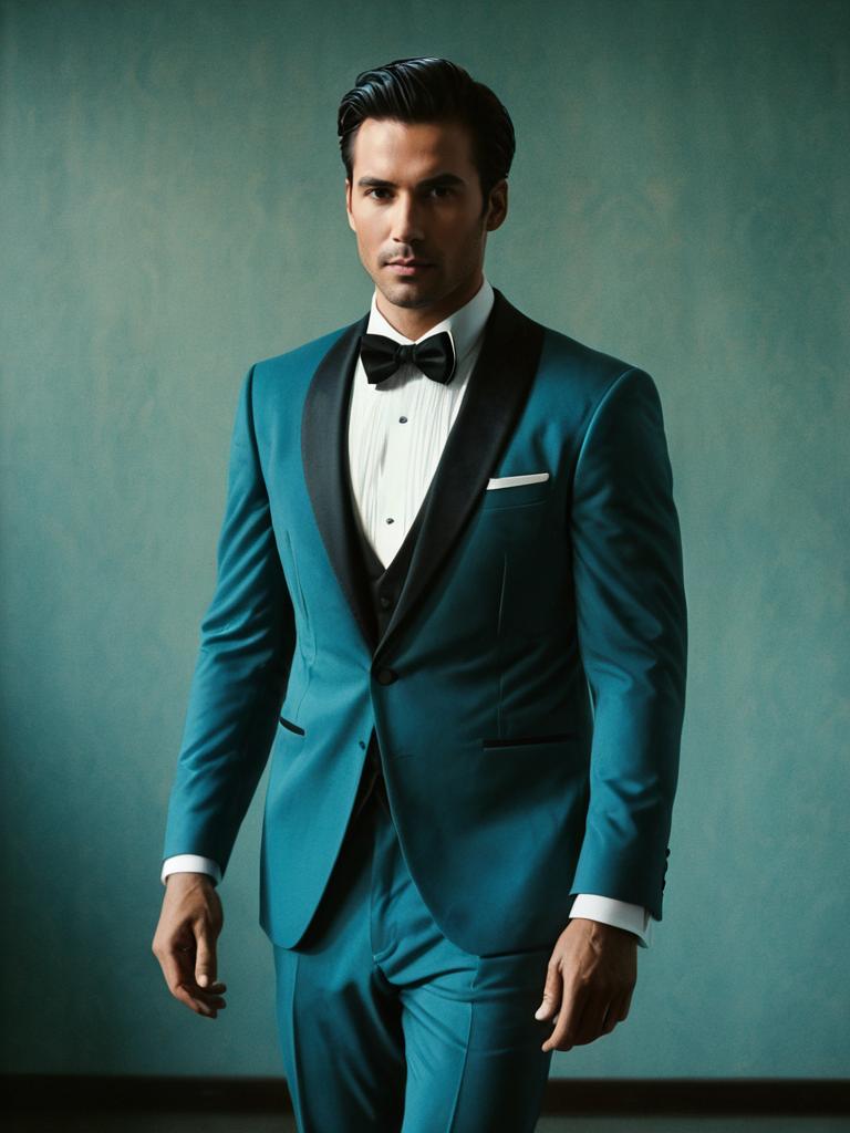 Man in Teal Wedding Tuxedo with Black Lapels - Cinematic Editorial Style