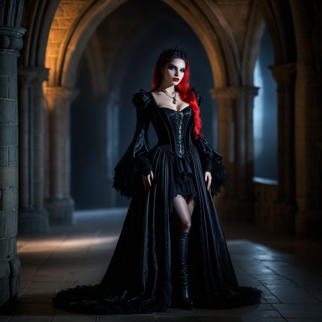 Gothic Woman in Black Gown with Red Hair