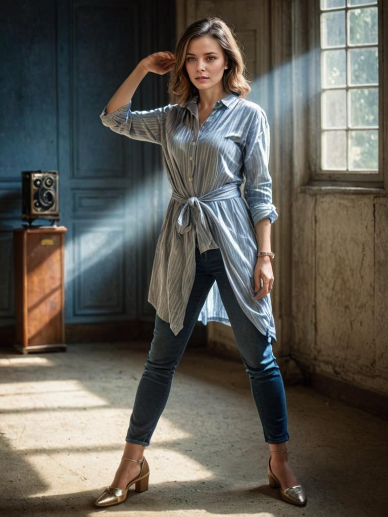 Confident Woman in Vintage Room with Dramatic Light