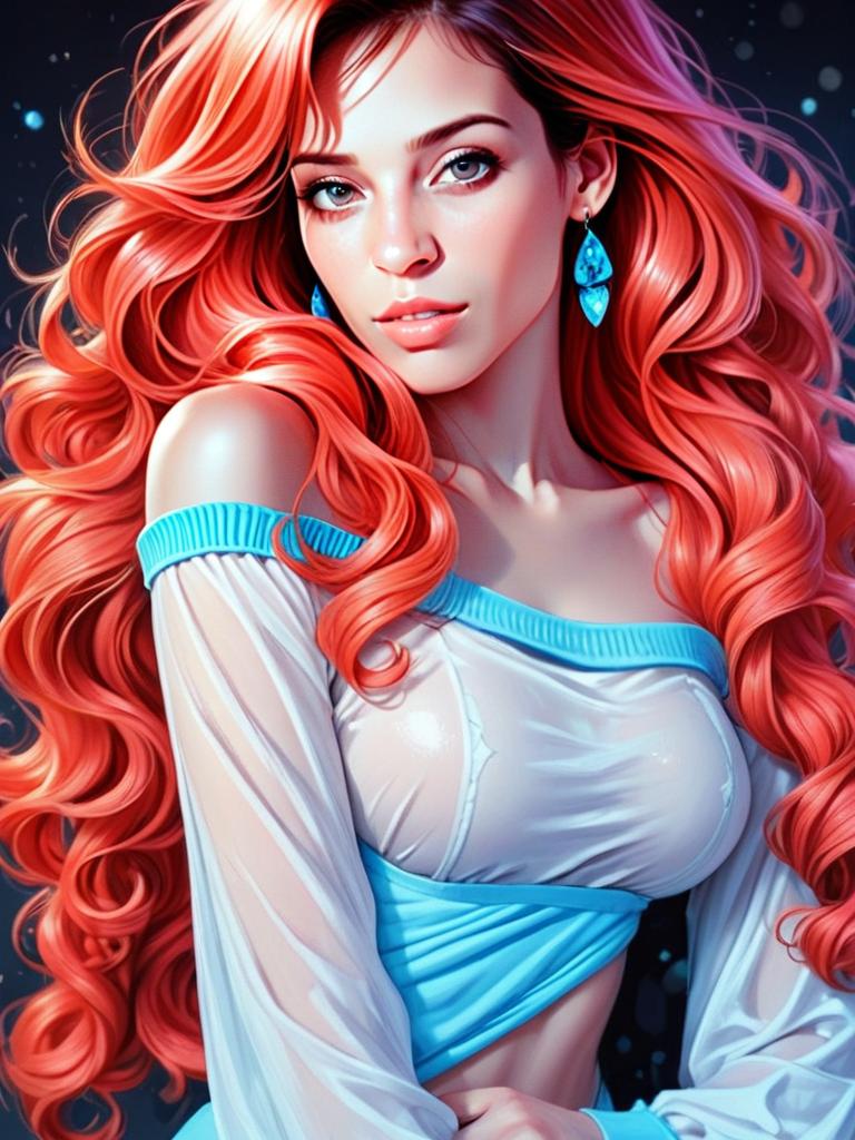 Red-Haired Woman in Blue Sheer Top Digital Portrait Artwork