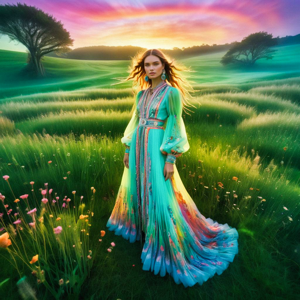 Stunning Woman in Bohemian Gown at Sunset