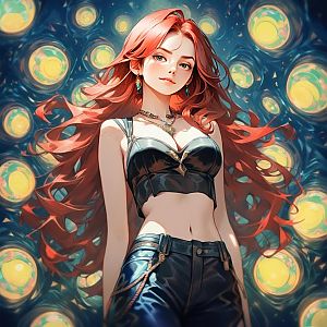 Confident Woman with Red Hair in Starry Background