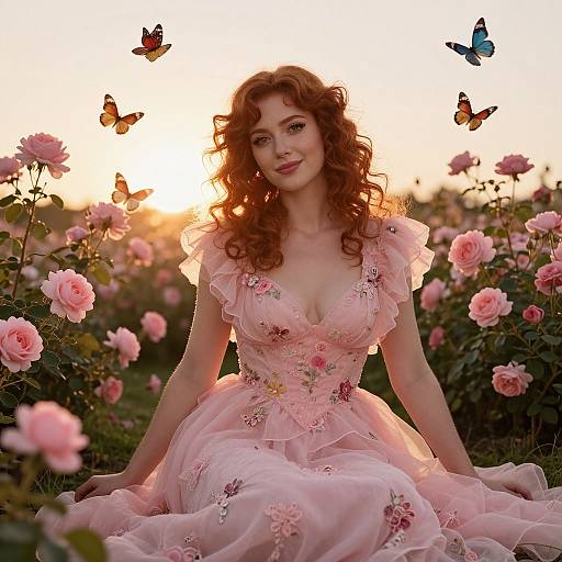 Red Haired Woman in Pink Floral Dress Among Rose Garden with Butterflies at Sunset