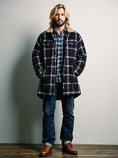 Man Wearing Flannel Coat and Plaid Shirt with Jeans and Brown Shoes