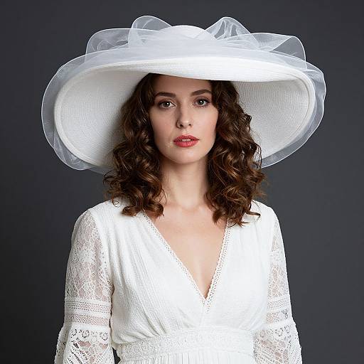 Woman Wearing Elegant White Lace Dress and Wide-Brimmed Hat