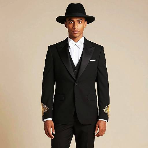 Man in Black Suit with Gold Embroidery and Hat Todd's Menswear