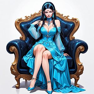 Elegant Woman in Blue Gown on Ornate Armchair