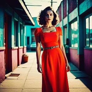 Confident Woman in Vintage Red Dress in Urban Alley