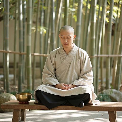 Meditating Monk in Bamboo Forest with Singing Bowl