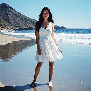 Young woman in white dress on sunny beach