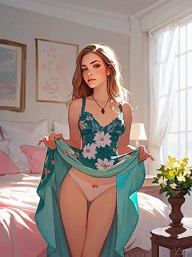 Digital Illustration of Woman in Floral Lingerie in Cozy Sunlit Bedroom
