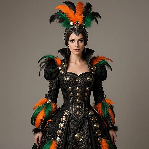 Woman in Elaborate Black Costume with Gold Buttons and Colorful Feathers