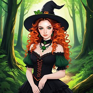 Woman in Witch Costume in Vibrant Forest