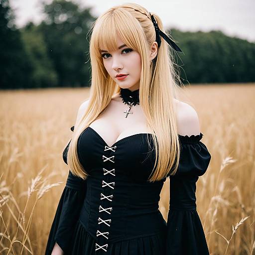 Blonde Woman in Gothic Black Dress in Golden Wheat Field