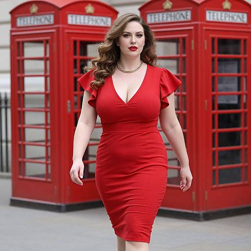 Woman in Red Dress Walking by Classic London Telephone Booths