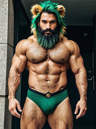 Muscular Man with Green Hair and Lion Ears in Green Briefs