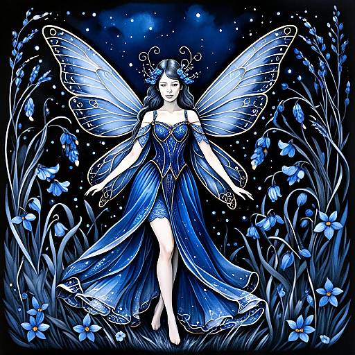 Mystical Woman with Butterfly Wings in Blue Fantasy Night