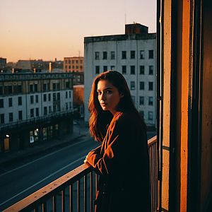 Woman on Balcony in Warm Sunset Light Urban Cityscape