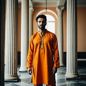 Man in Orange Kurta Pajama in Elegant Setting