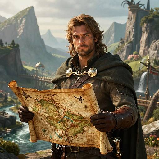 Medieval Fantasy Man Holding Map in Scenic Landscape