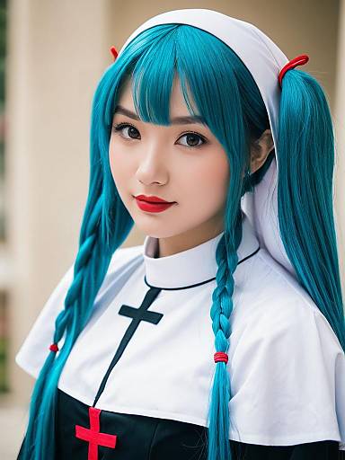 Cosplay Woman in Nun Outfit with Teal Braided Hair