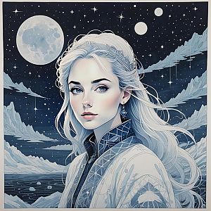 Fantasy Portrait of a Woman with White Hair in Moonlit Sky
