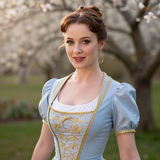 Young Woman in Vintage Blue Dress in Blooming Orchard