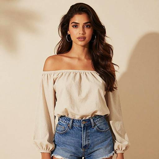 Young Woman in Off-Shoulder Beige Blouse and Denim Shorts Fashion Portrait